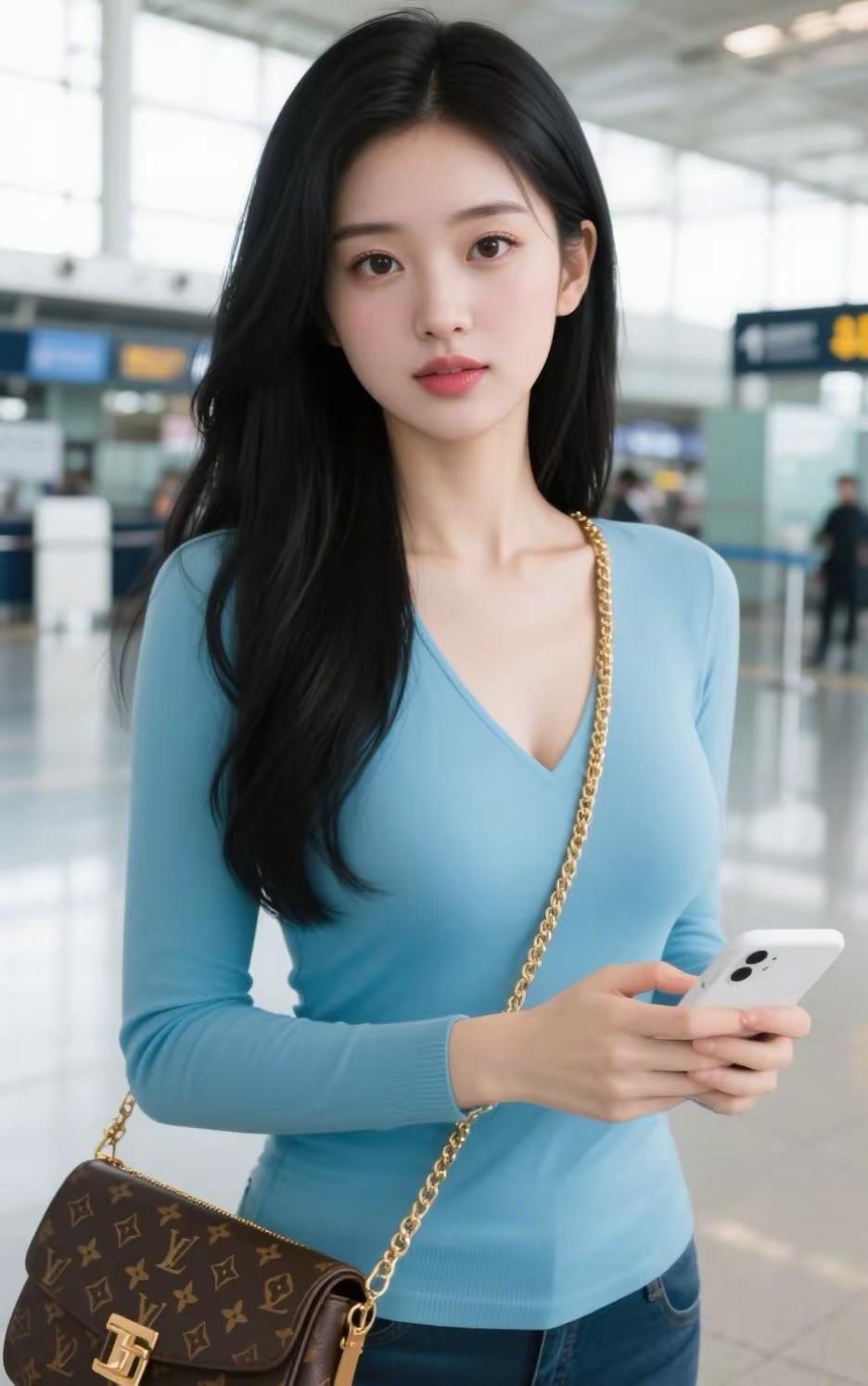 蓝V领毛衣搭配牛仔裤，简约时尚，手拿LV包包，尽显优雅气质。