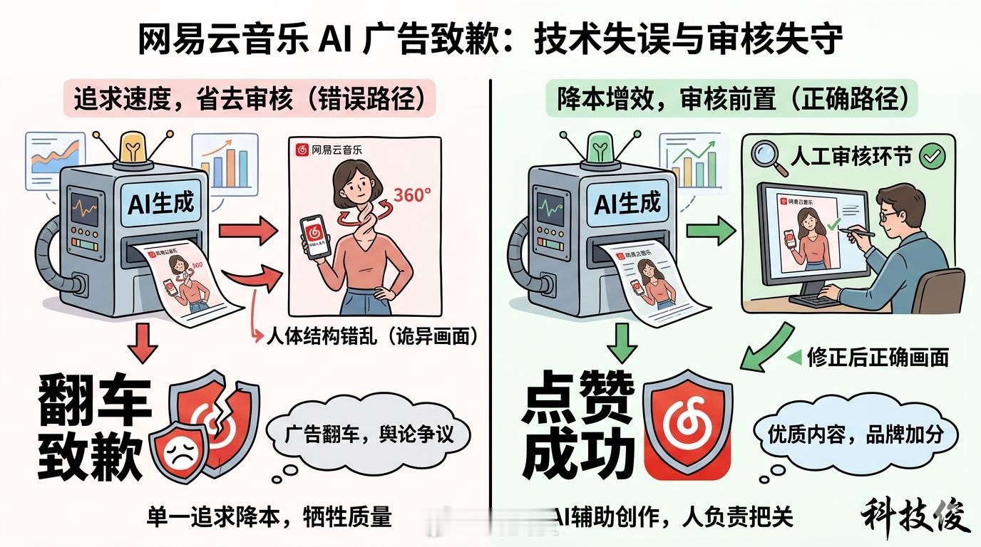 网易云音乐就AI广告诡异画面道歉审核都不审核就发嘛，脖子都是扭曲的，突然就换了一