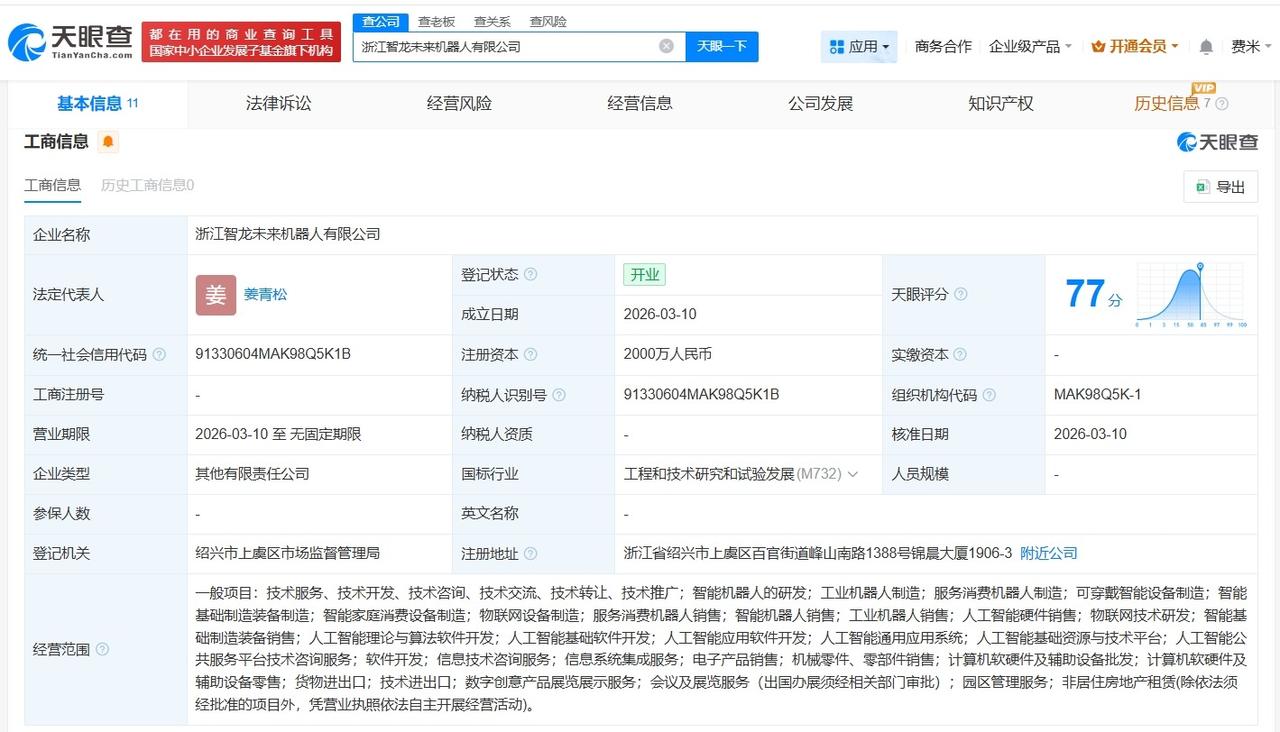卧龙电驱、智元机器人等成立智龙未来机器人公司 注册资本2000万
天眼查工商信息
