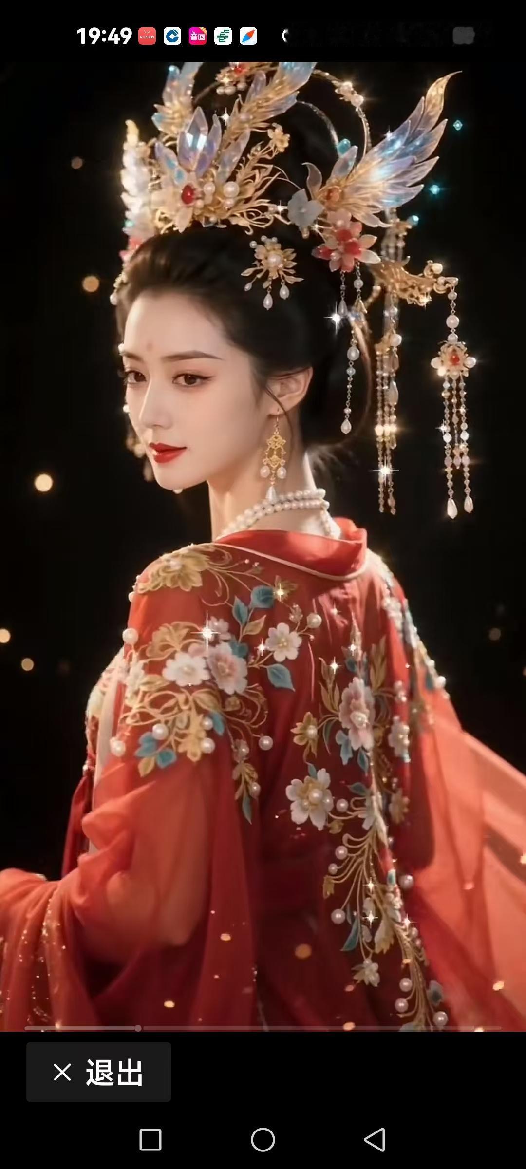 回眸一笑百媚生
 
凤冠耀彩绾云鬟，
珠络垂摇碎玉寒。
锦袖红罗绣芳艳，
回眸一