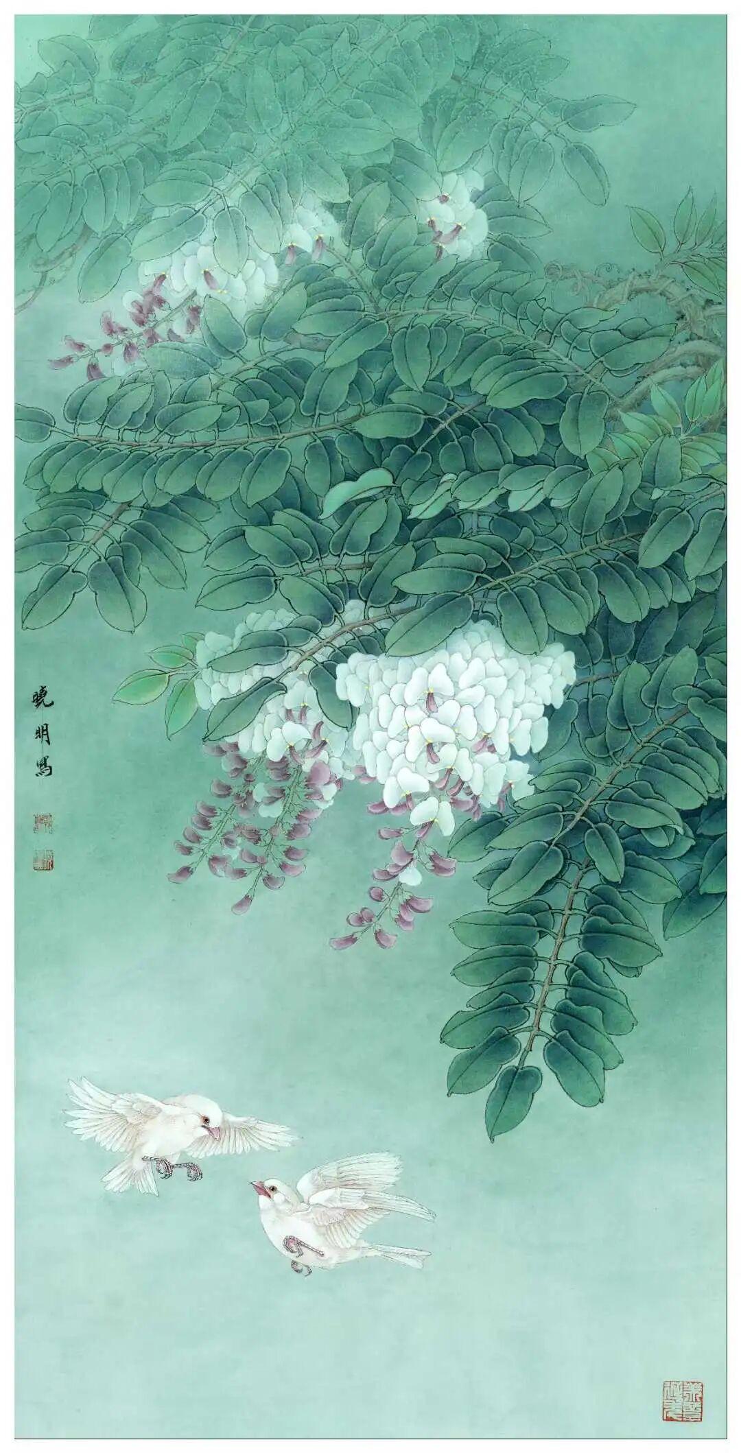 李晓明工笔画——《紫藤白文鸟》