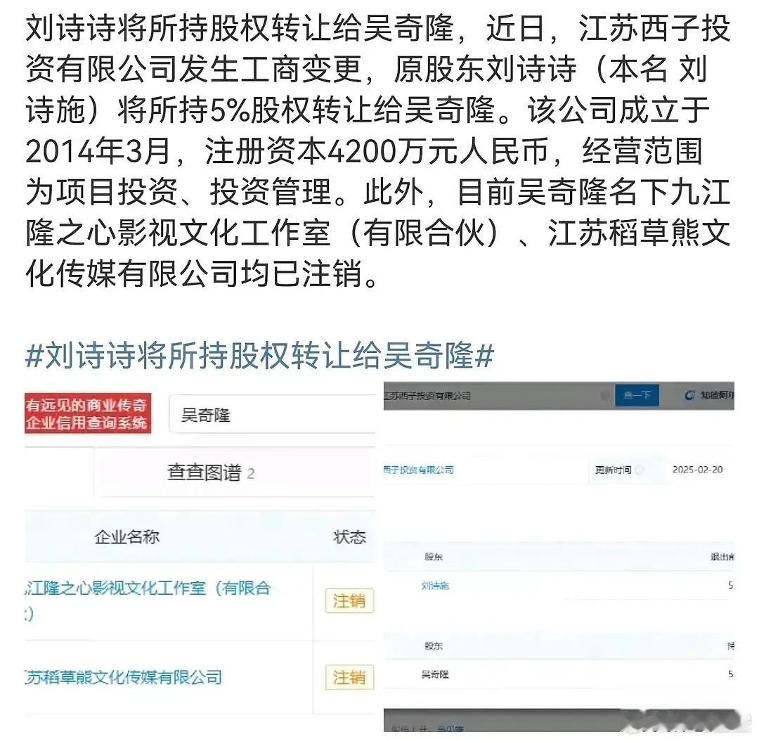 陈晓 陈妍希离婚，网友扒出来刘诗诗把股权转让给了吴奇隆，这是要做财产分割了? 稻