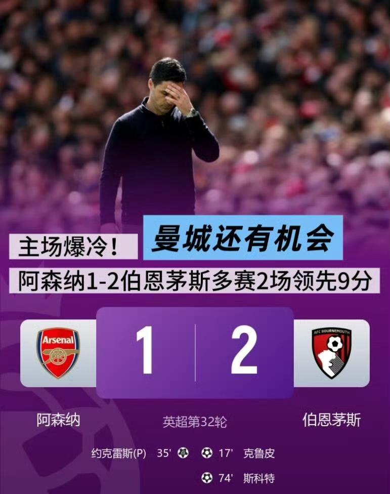 阿森纳1-2主场爆冷不敌伯恩茅斯，英超争冠悬念拉满！曼城少赛两场差9分，下周碰阿