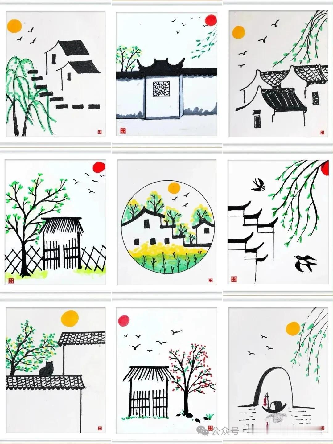马克笔简笔画—千里莺啼绿映红，江南春意盎然，美不胜收！美术课马克笔 乱画随心画 