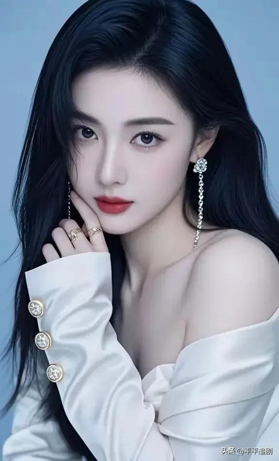 雾蓝底色衬得黑发如瀑，
露肩白缎裙与钻饰耳坠相映，
指尖轻抵脸颊，在清冷氛围里，
