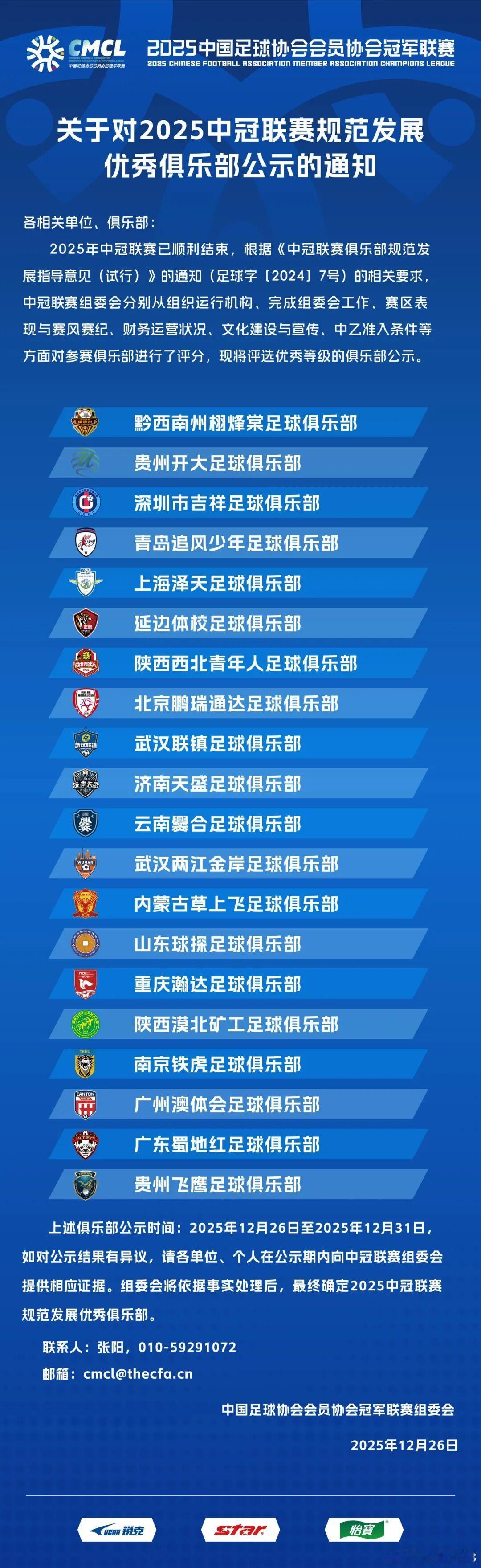 中冠联赛公布了2025赛季，联赛规范发展的优秀俱乐部，有意思的是，本赛季排名前四