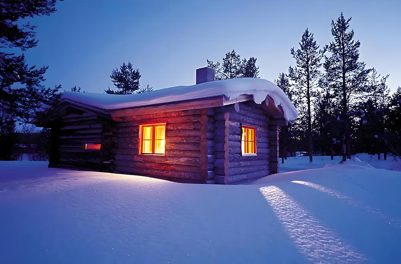 雪后的傍晚，村隅旁的小屋，透出了红红光亮，不知屋里的主人晚饭吃否？