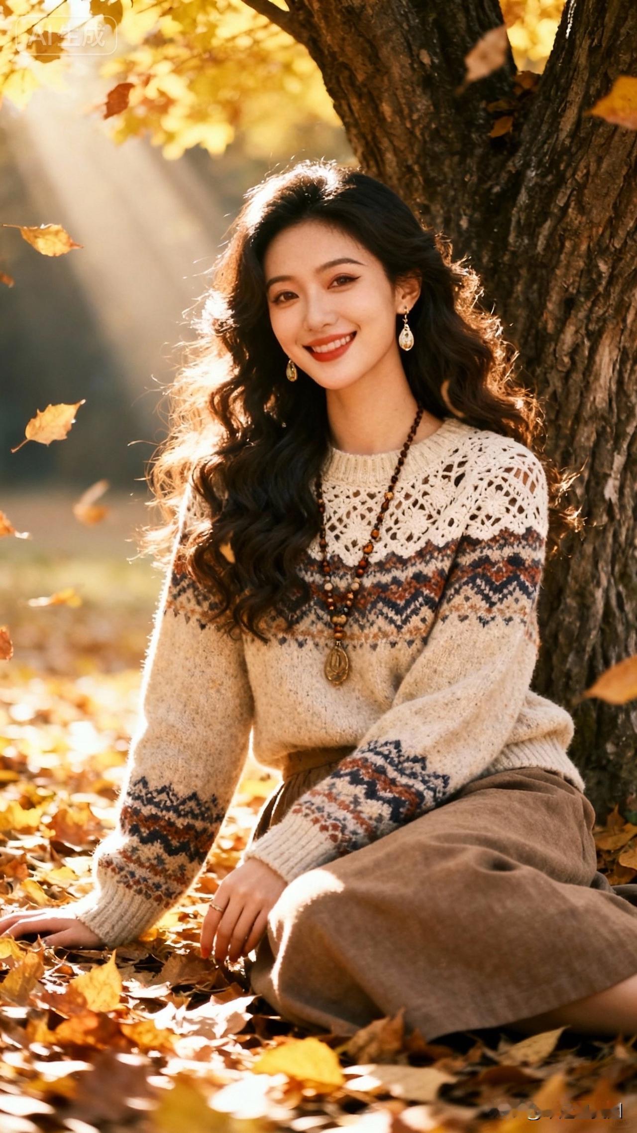 秋日暖阳下，微笑女孩与落叶共舞