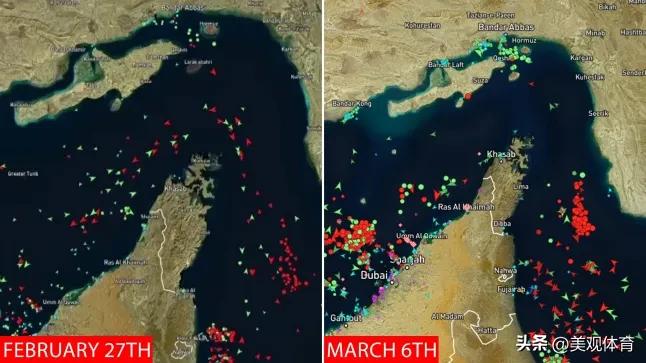 美以袭击伊朗前后的霍尔木兹海峡的船舶分布。