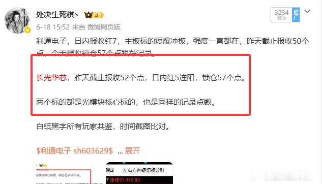 长光华芯，同理也是光模块核心标的，和利通电子一直持续一并记录的标的。日内报收红5