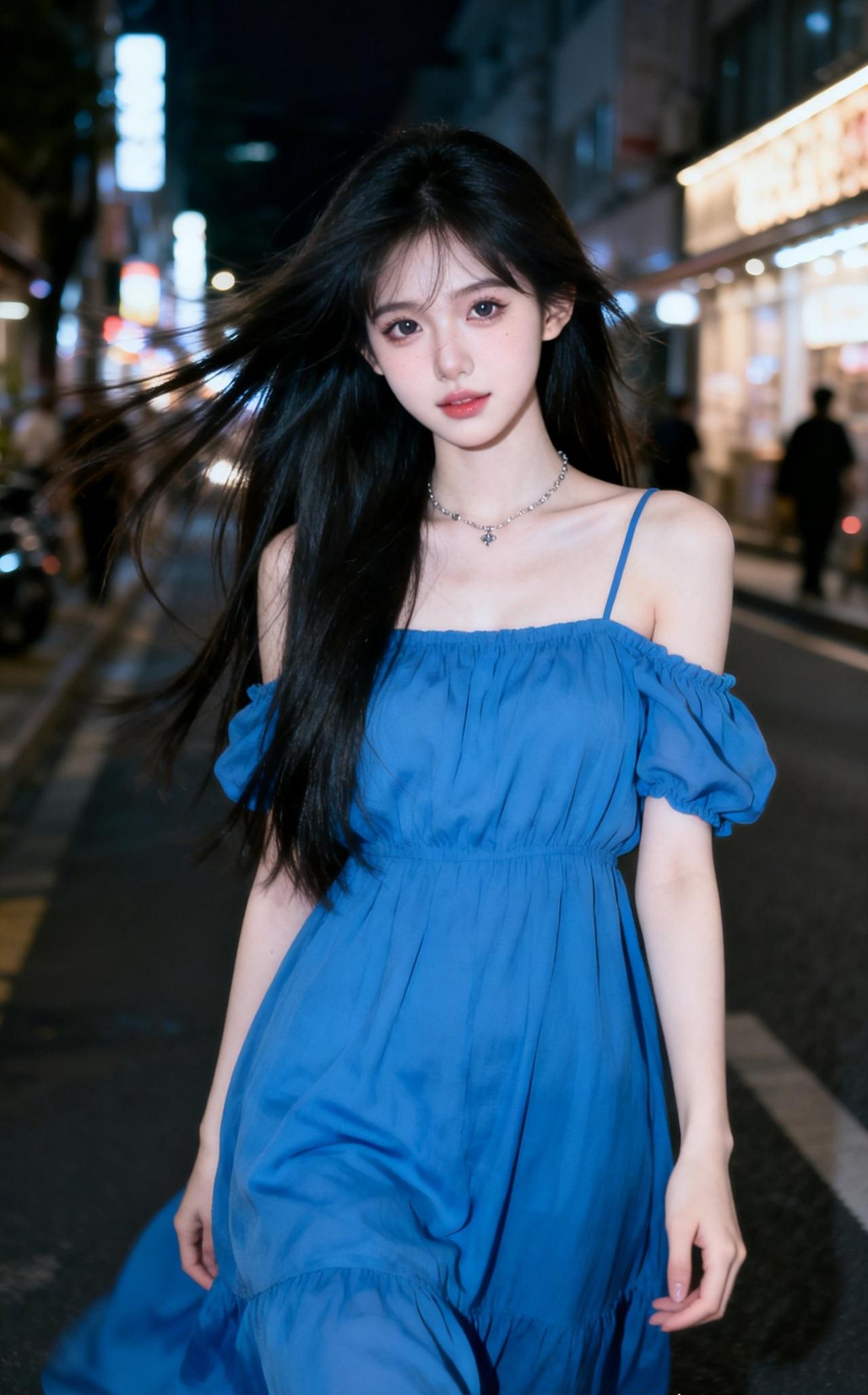 夜晚街头的蓝裙少女，风中飘逸的秀发，浪漫而迷人。甜美小仙女的穿搭 怎样穿搭让自己