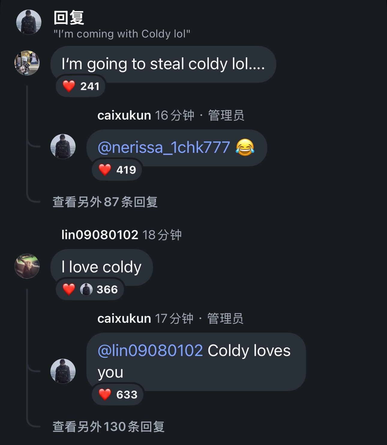 ins群主更新有小Coldy⛄️还回复好几条蔡徐坤ins