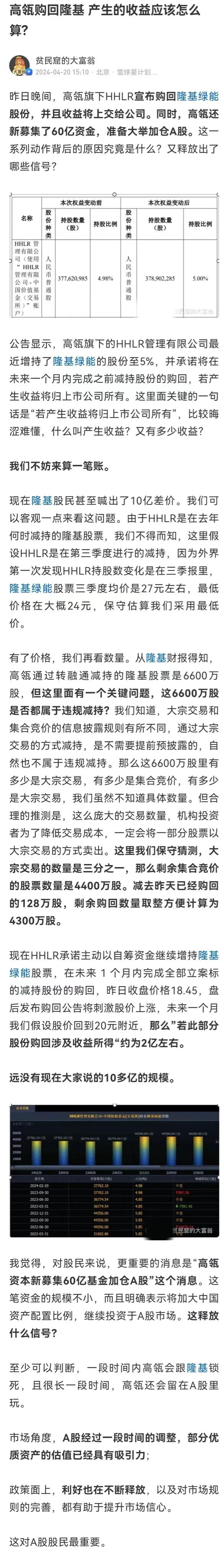 #隆基绿能# 跌多了，就是最大的利好！高瓴旗下HHLR宣布购回隆基绿能股份，并且