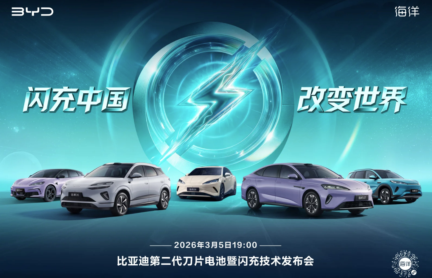 比亚迪官宣3月5日发布第二代刀片电池及闪充技术。新一代电池能量密度提升，兆瓦闪充