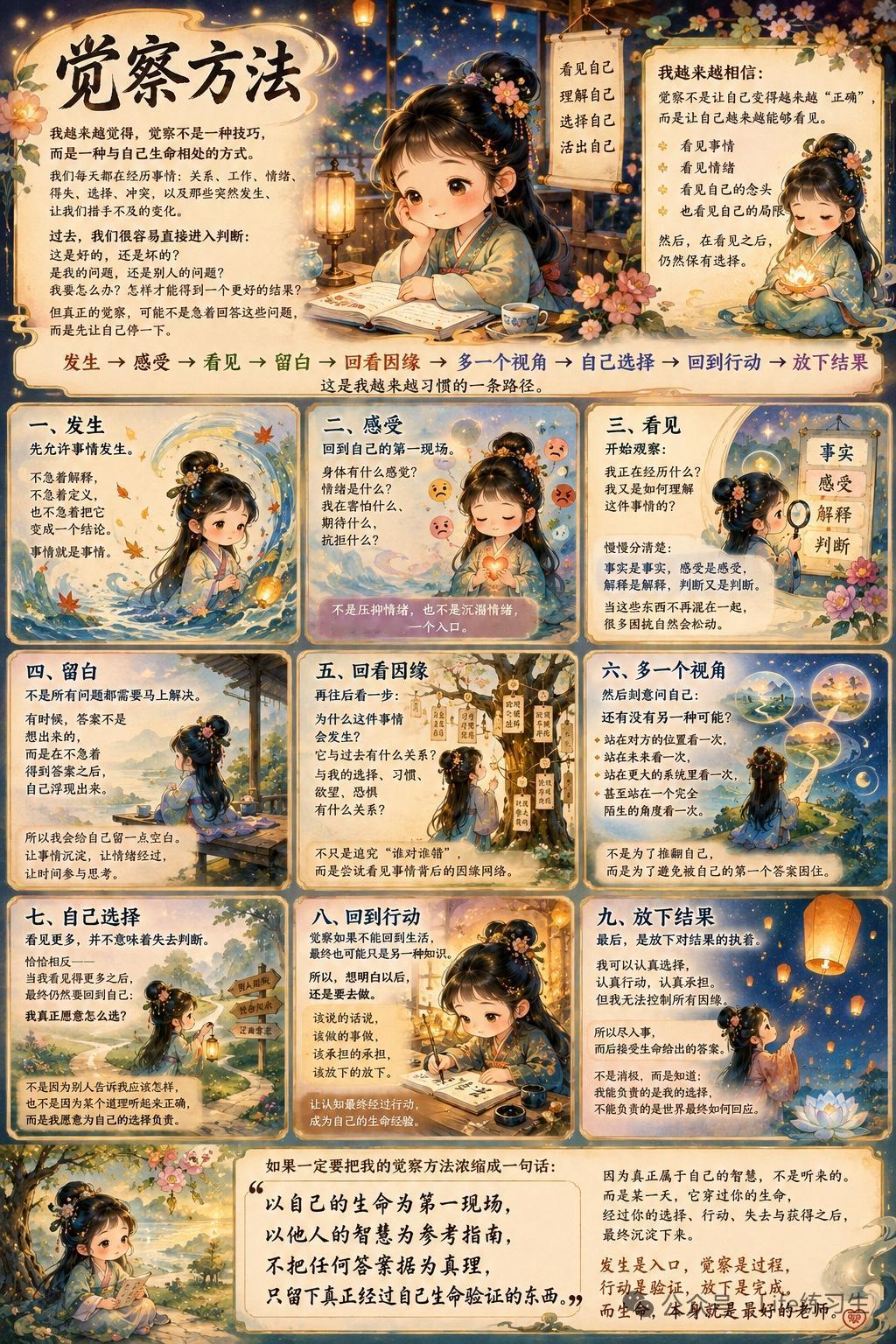 发生是入口，觉察是过程，行动是验证，放下即完成，而生命本身便是最棒的老师！

那