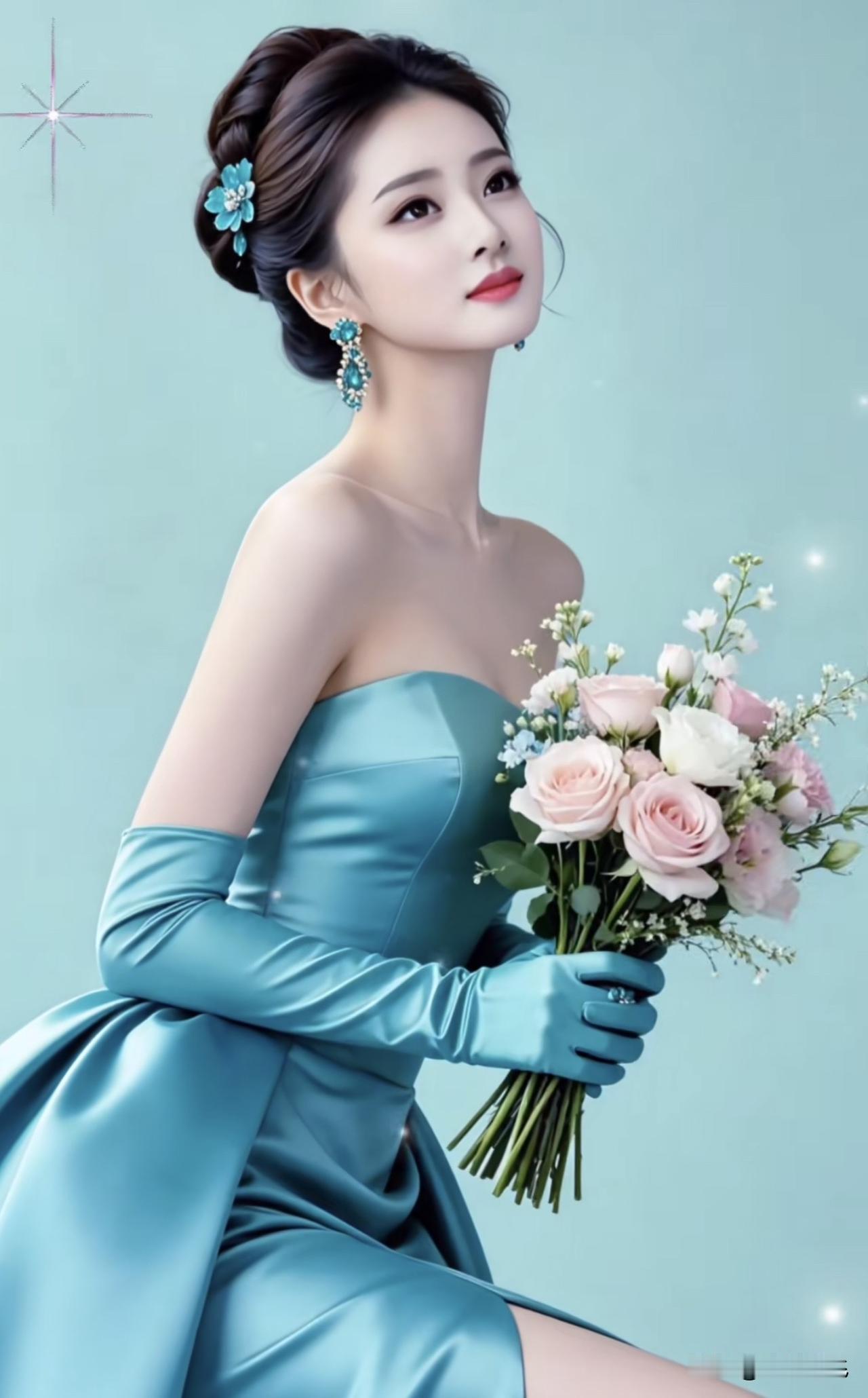 优雅蓝裙，花束相伴，梦回古风淡雅蓝裙照 梦幻蓝裙造型 蓝白裙穿搭 梦幻蓝裙造型 