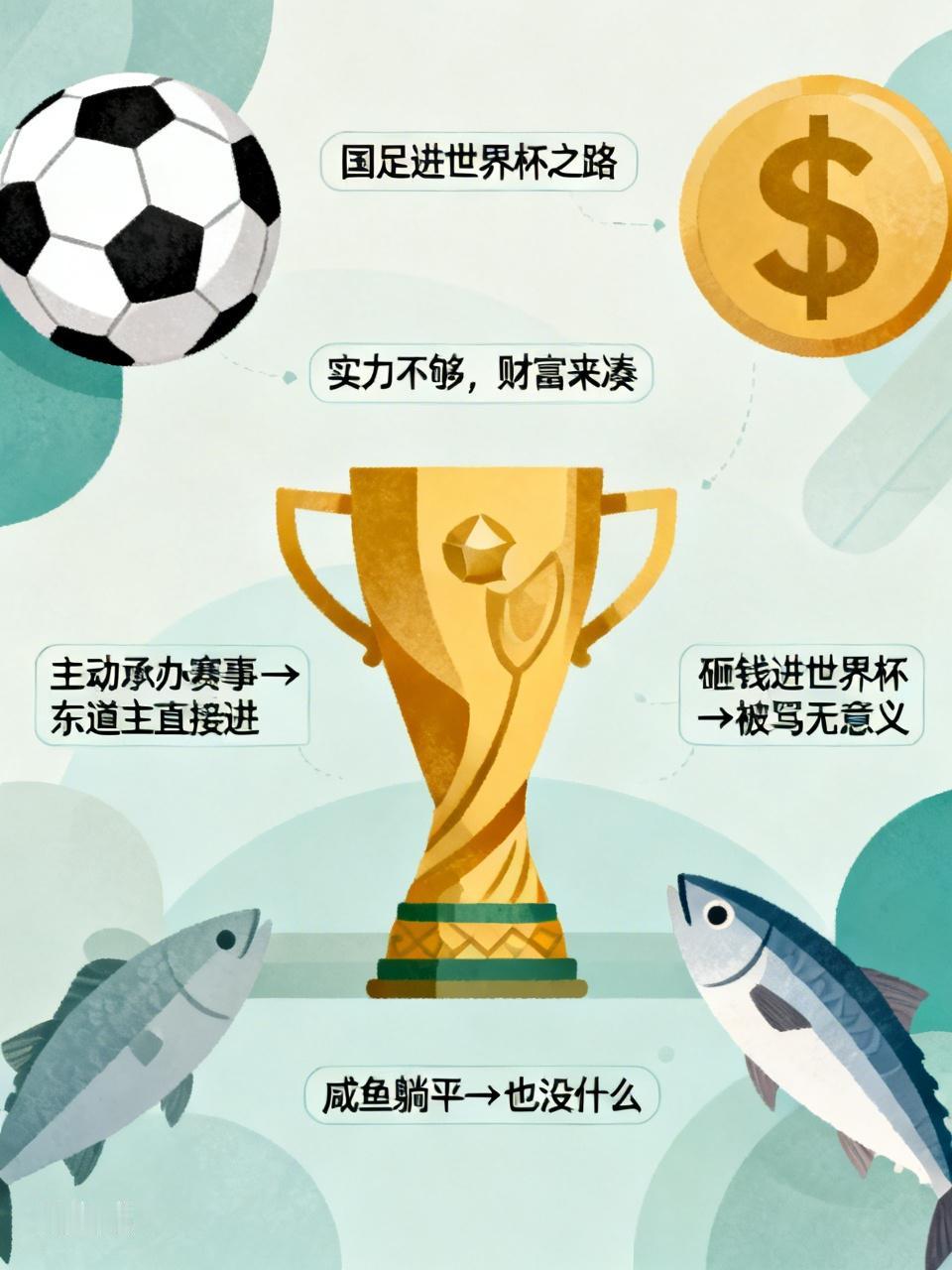 你觉得国足离进世界杯还有多远实力不够，可以财富来凑，只要想进世界杯，砸钱就行了。