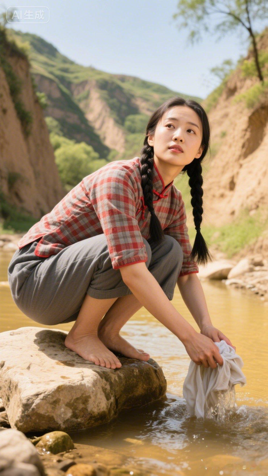 在山间溪边，少女赤脚蹲坐，手捧清水，感受大自然的纯净与宁静。
