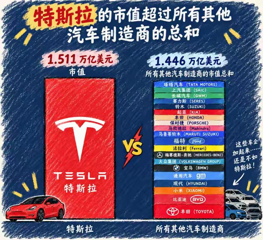 全球车企加起来打不过特斯拉？我笑了😂

马斯克在X上傲娇转发一张图：特斯拉1.
