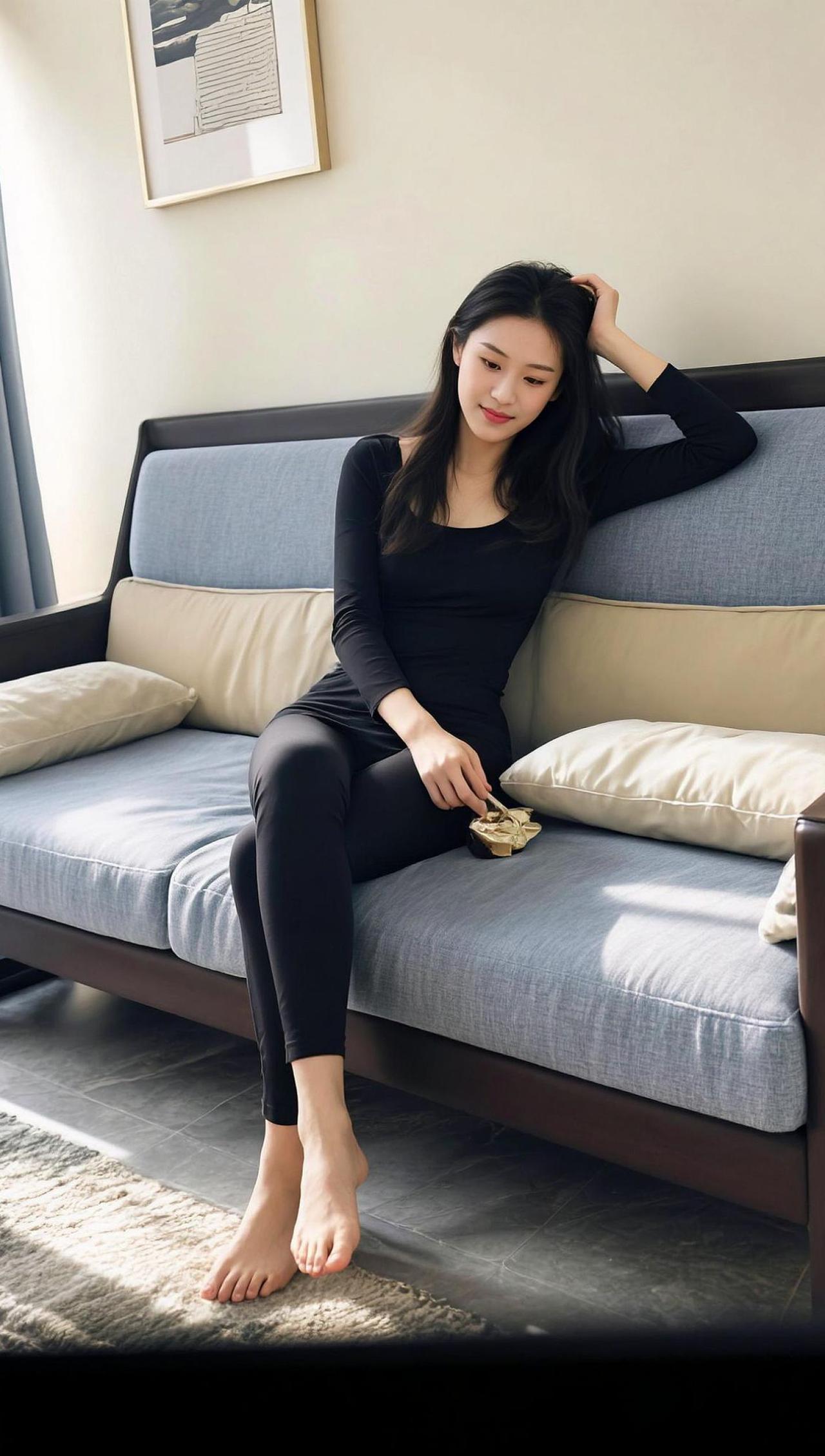 慵懒的午后，阳光洒在沙发上，黑色的连衣裙与简约的背景完美融合。随意摆出的pose