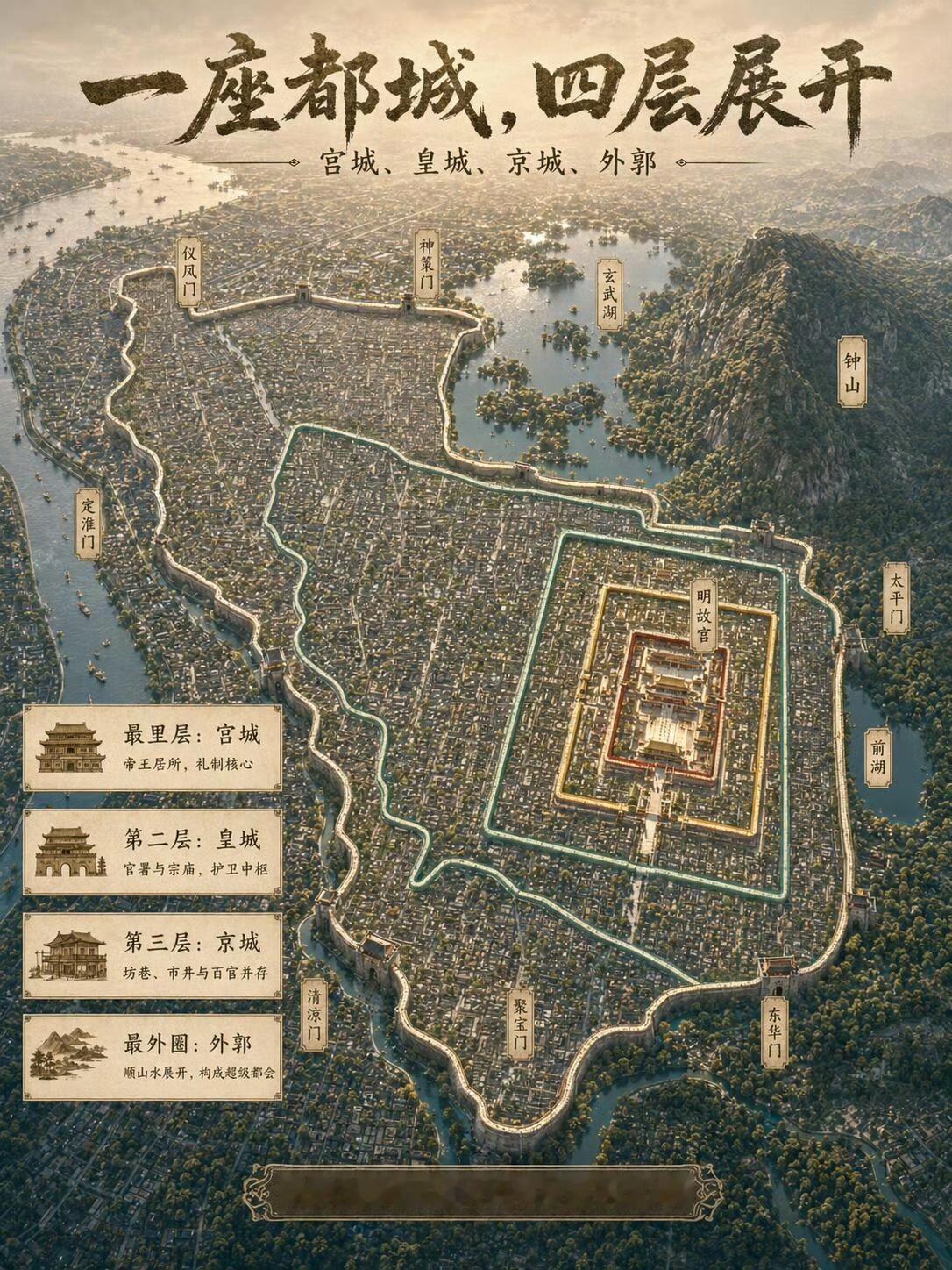 六百多年前的明初南京，堪称世界级超级大都会✨
 
大明开国帝都，依山傍水筑起四重