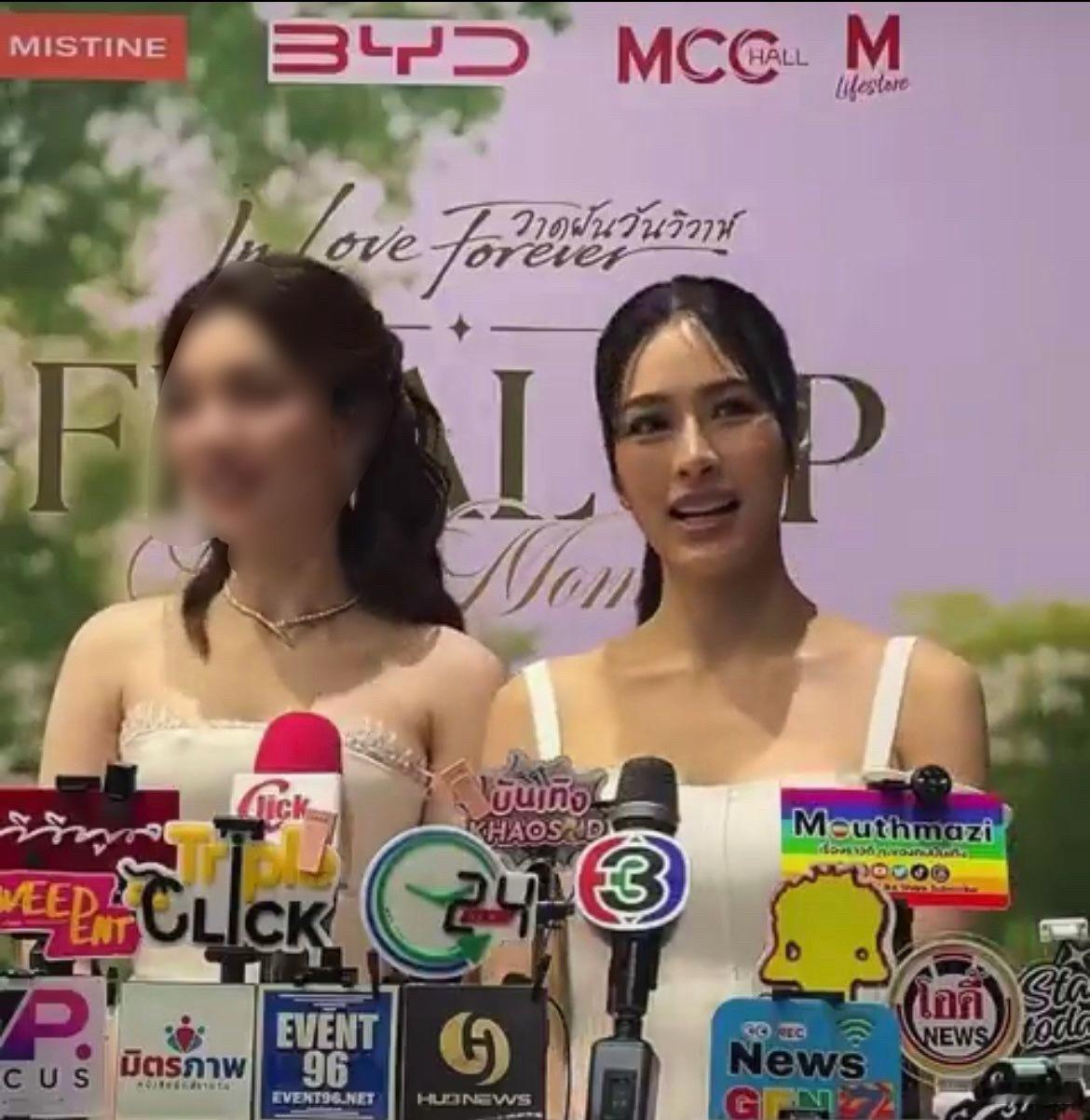 背景板上：蜜丝婷，比亚迪，themall。都是邝玲玲的单人商务赞助，感谢品牌妈妈