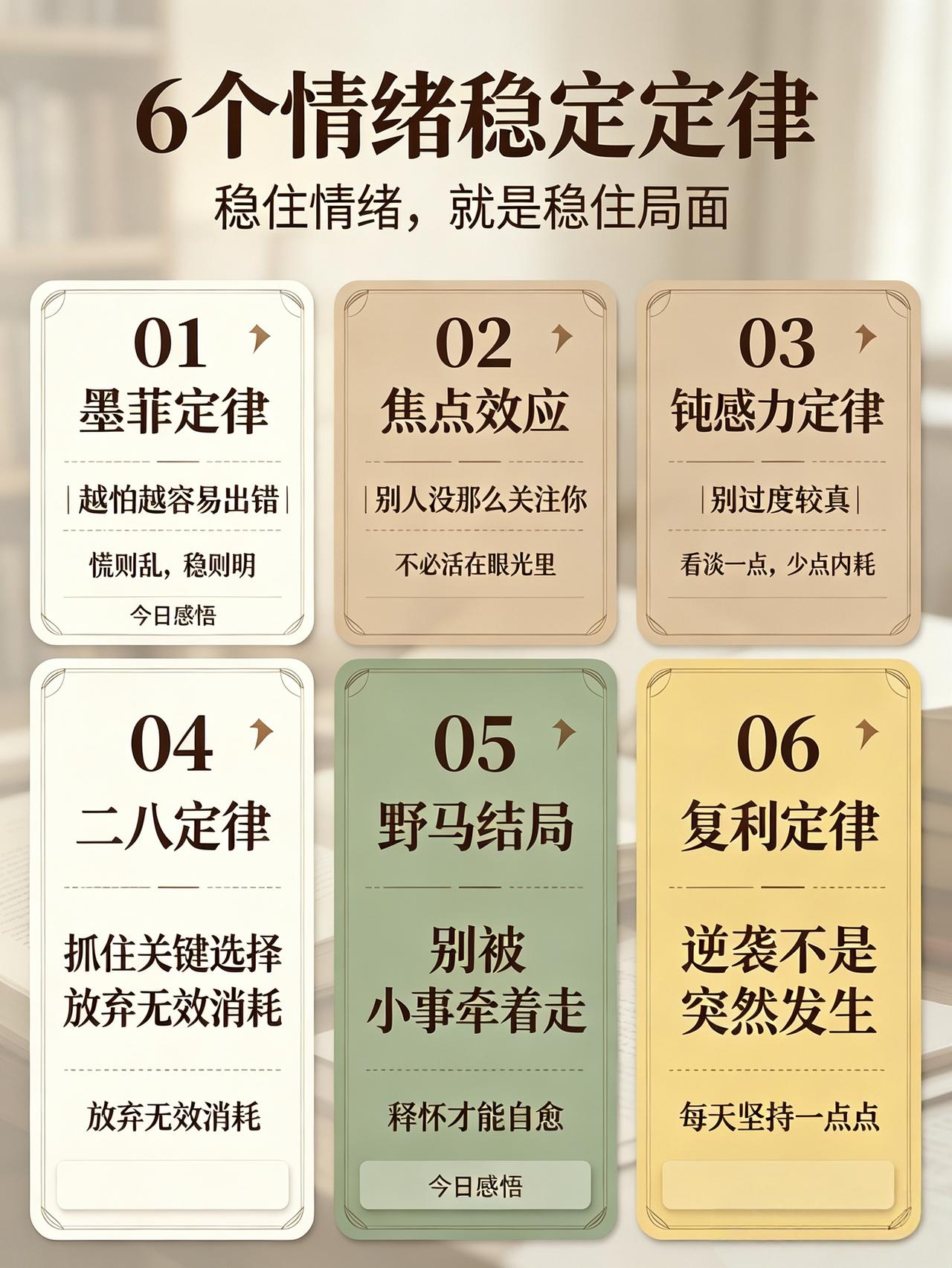 读懂这6个情绪稳定定律，帮你告别精神内耗。墨菲定律提醒我们越慌越乱，焦点效应告诉