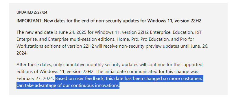 由于 Windows 11 22H2 用户量巨大，微软延长了 Windows 1