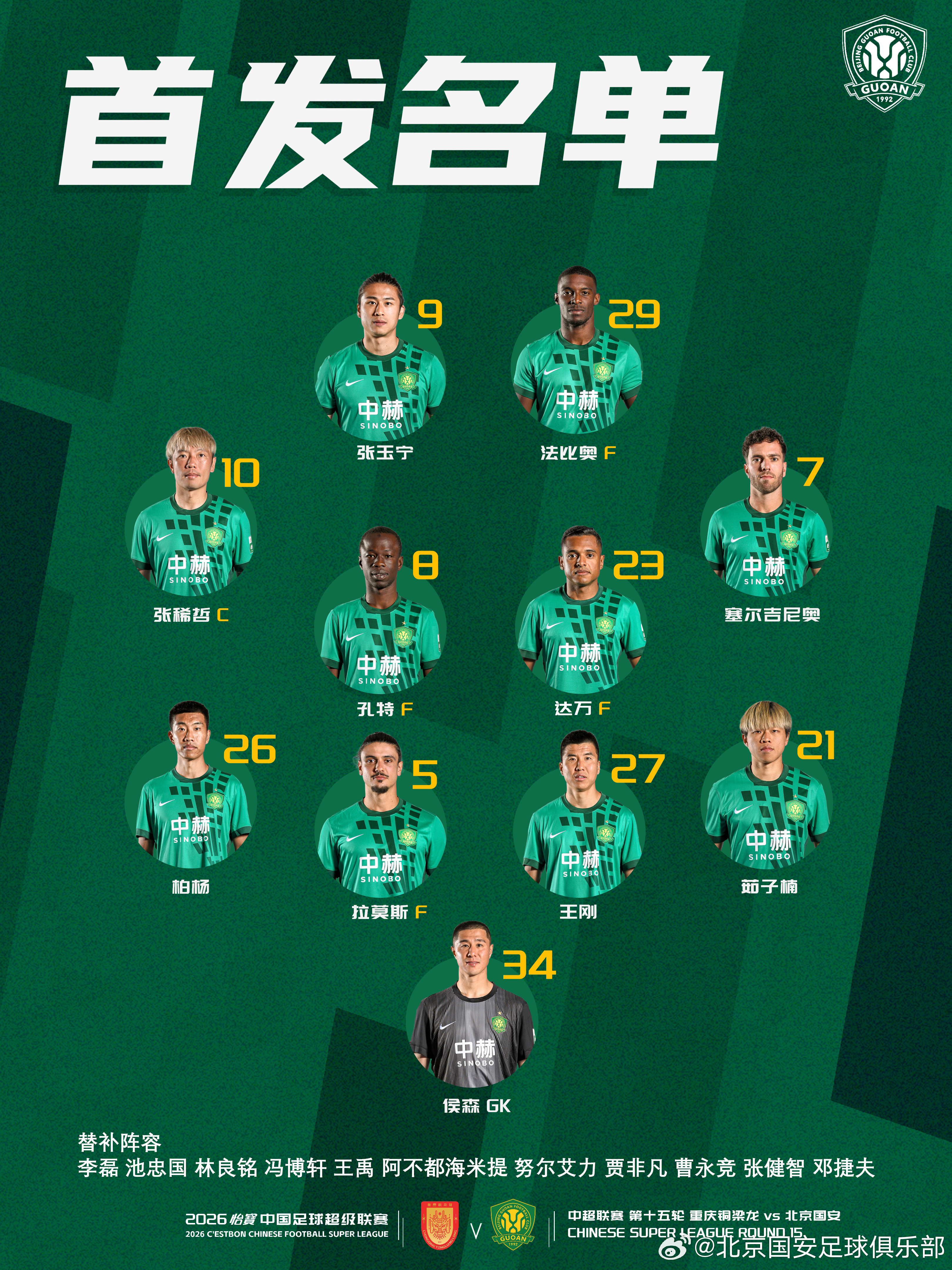 💚 北京国安今日首发💪 做客重庆🔰 全力以赴！北京国安