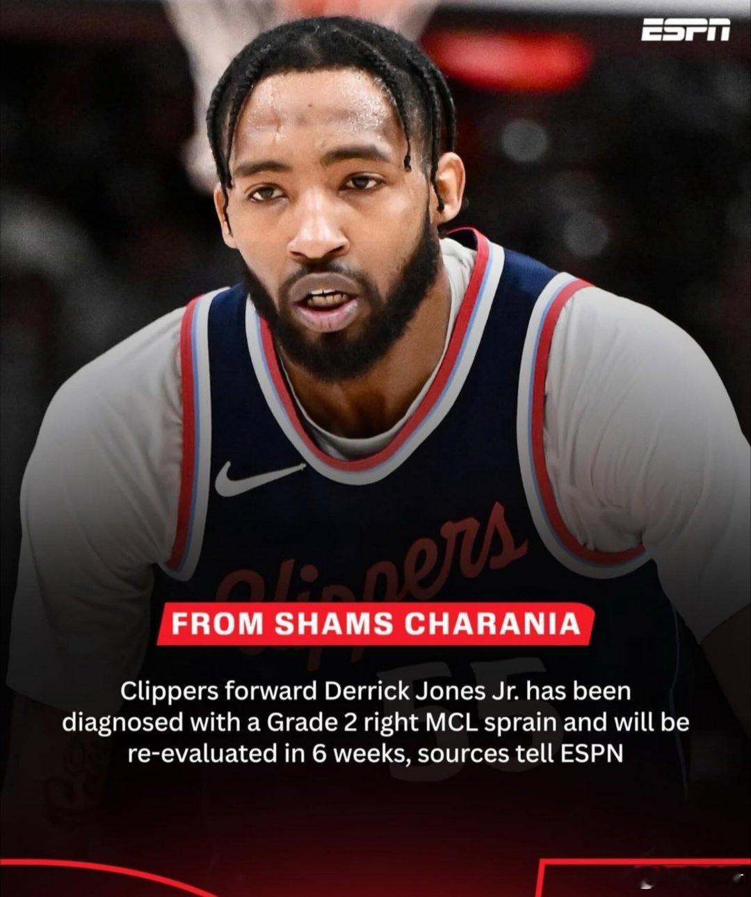 洛杉矶快船小琼斯又要缺席六周。。。希望这一次快船队神医们再度神奇吧，也希望小琼斯