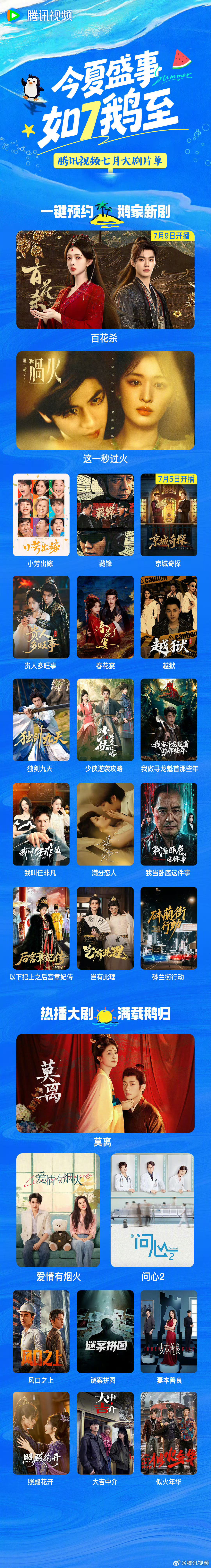鹅的七月由百花杀和这一秒过火领衔腾讯视频7月电视剧片单