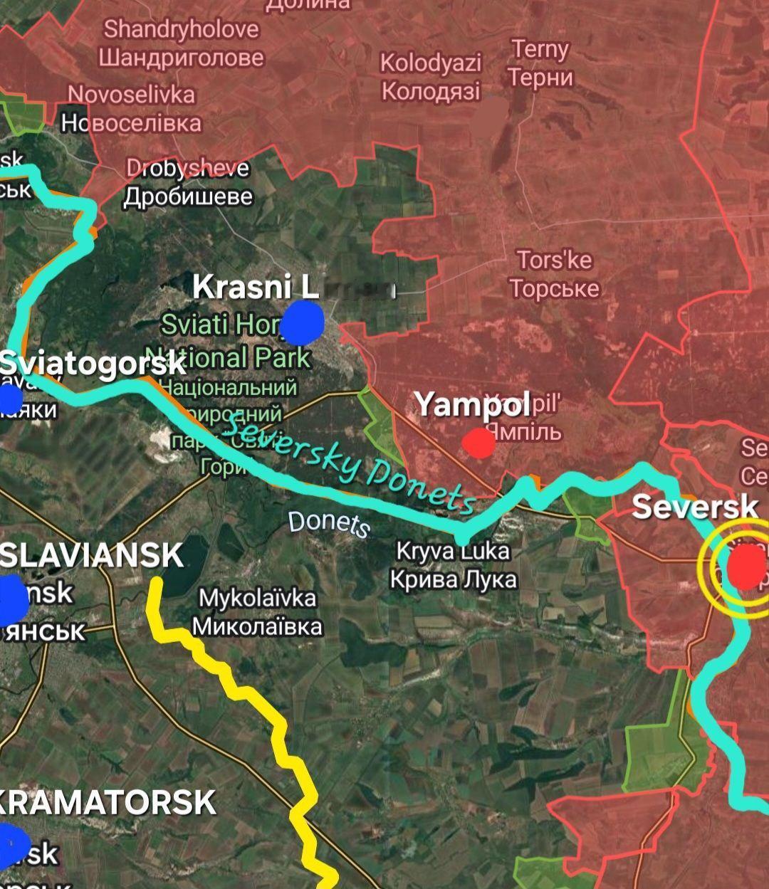 斯拉维扬斯克前线
俄军已完成对谢韦尔斯克市的占领，并解放了其西部郊区，那里是乌克