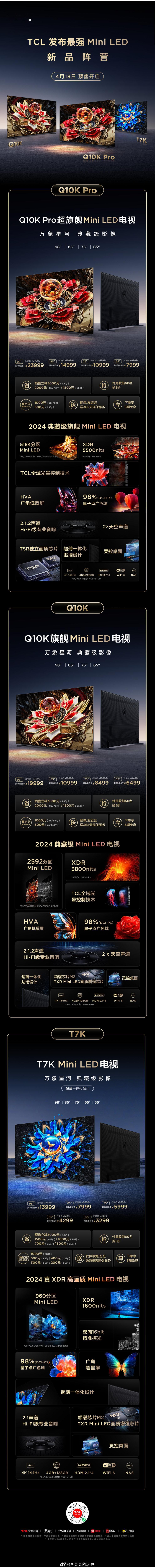 TCL今天推出了三款全新的mini LED电视，分别是Q10K Pro、Q10K