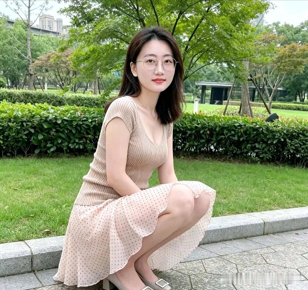 米黄衫软点裙轻，发披肩畔镜光盈。或蹲或影林间路，浅笑回眸春自生。