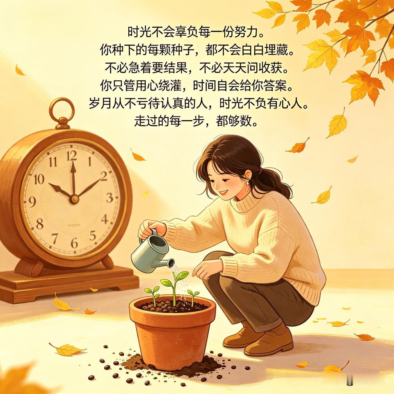 时光不会辜负每一份努力，你种下的每颗种子都不会白白埋藏。不必急着要结果，不必天天