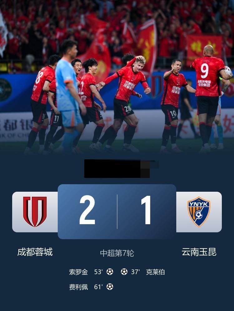 中超 蓉城2-1逆转玉昆 索罗金、费利佩分别建功
4月21日，中超第7轮，成都蓉