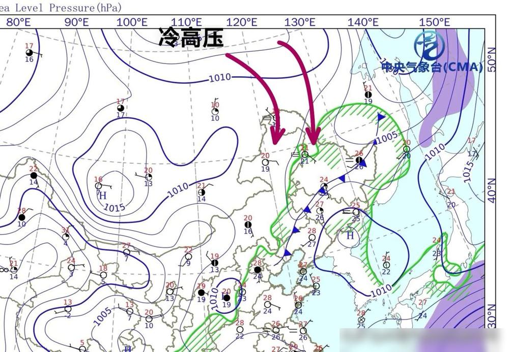 冷空气继续推进中，从8月5日凌晨2时的东亚地面天气图上已经可以看到它的身影。
