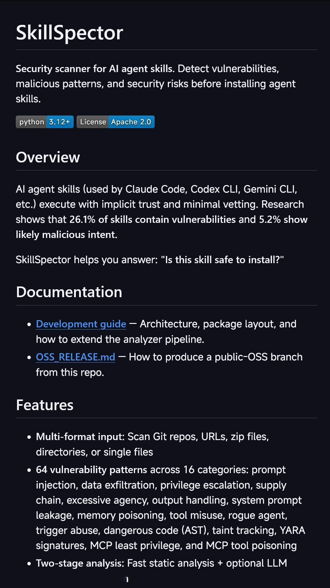 SkillSpector，nvidia官方提供的一个skill安全检查工具地址：