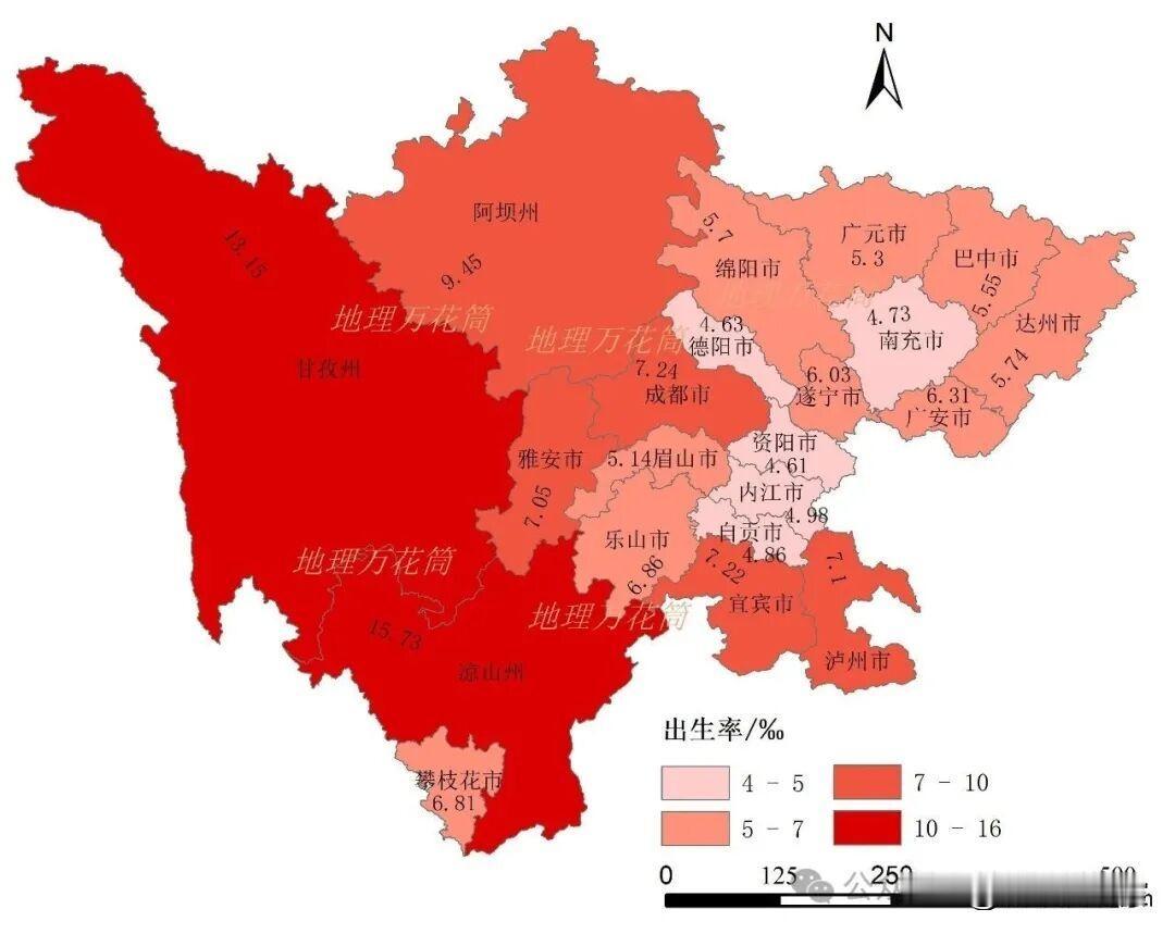 四川出生率与地形地势特点很接近，由西到东逐步降低。甘孜，阿坝最高，因为少数民族的