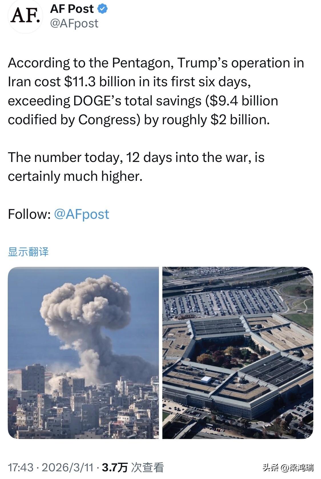 据五角大楼称，特朗普在伊朗的军事行动在前六天花费了 113 亿美元，比国会通过的