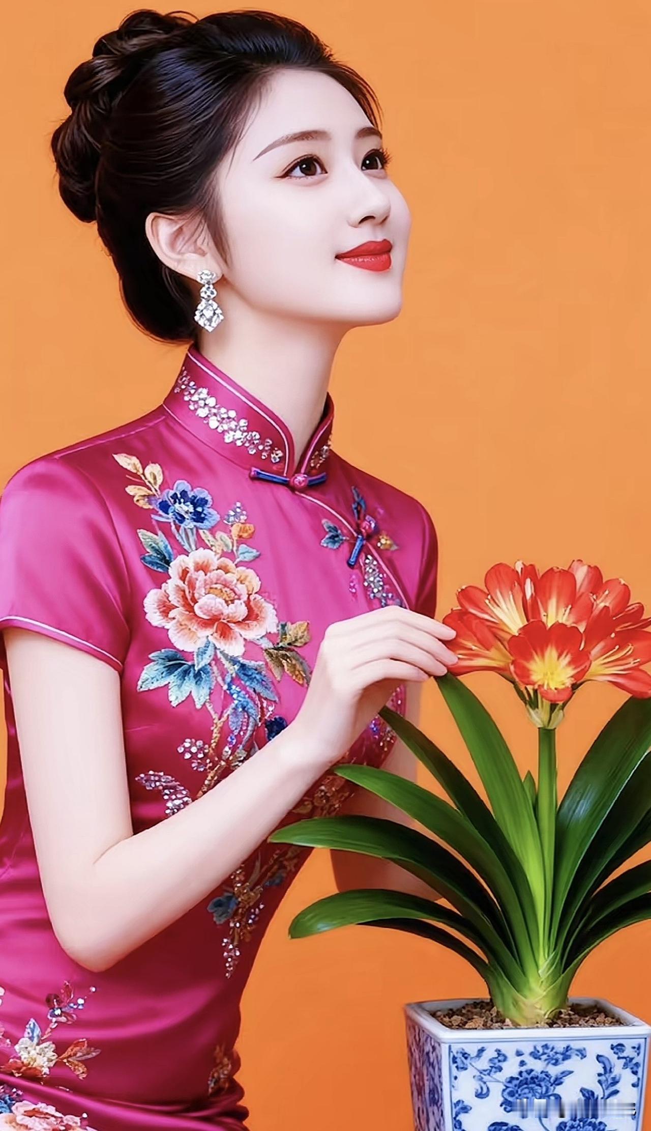 优雅旗袍，绽放东方韵味，与盛开的花朵相映成趣。江南风旗袍照 国风范中式旗袍 旗袍