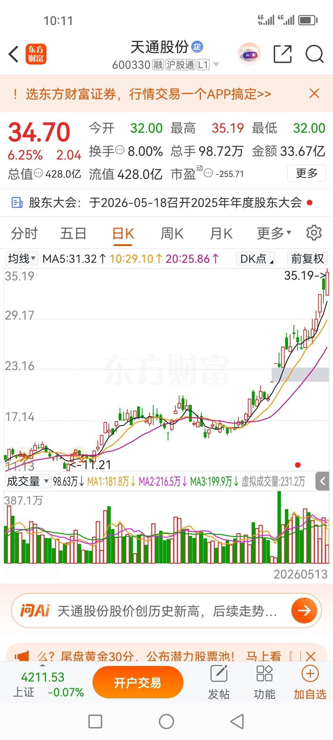四月10日盘前分享的天通股份600330，太牛了。一个月了，还在努力向上爬，跟着