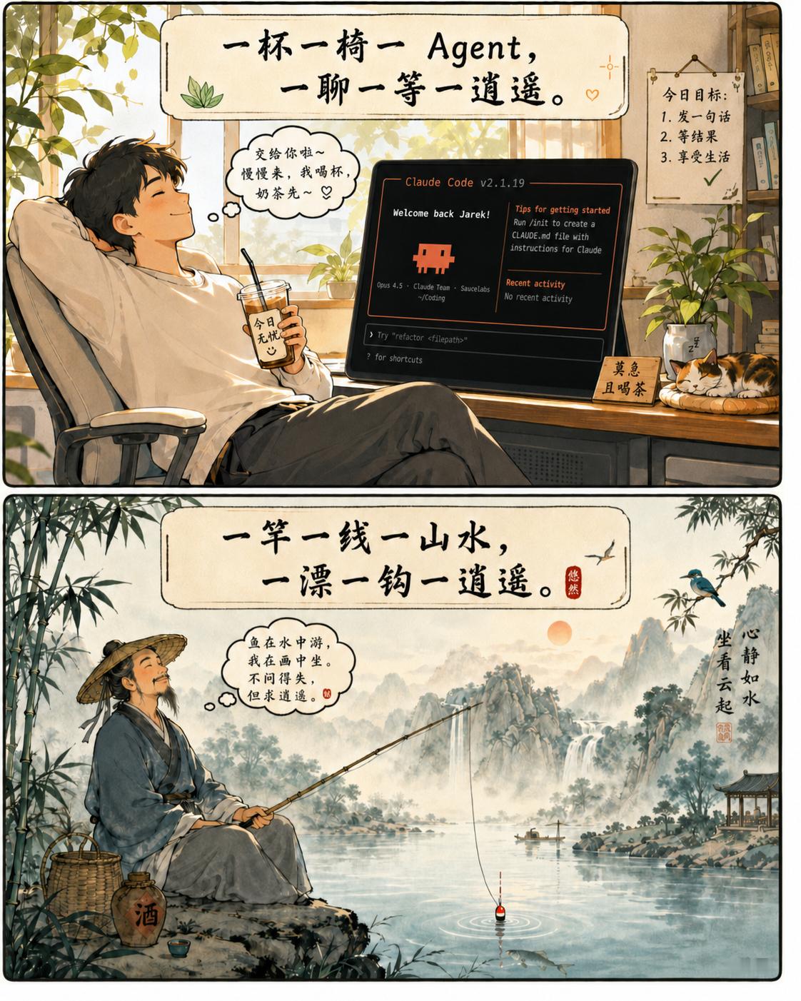 一竿一线一山水，一漂一钩一逍遥。鱼咬不咬随它去，坐看云起日头高。一杯一椅一 Ag