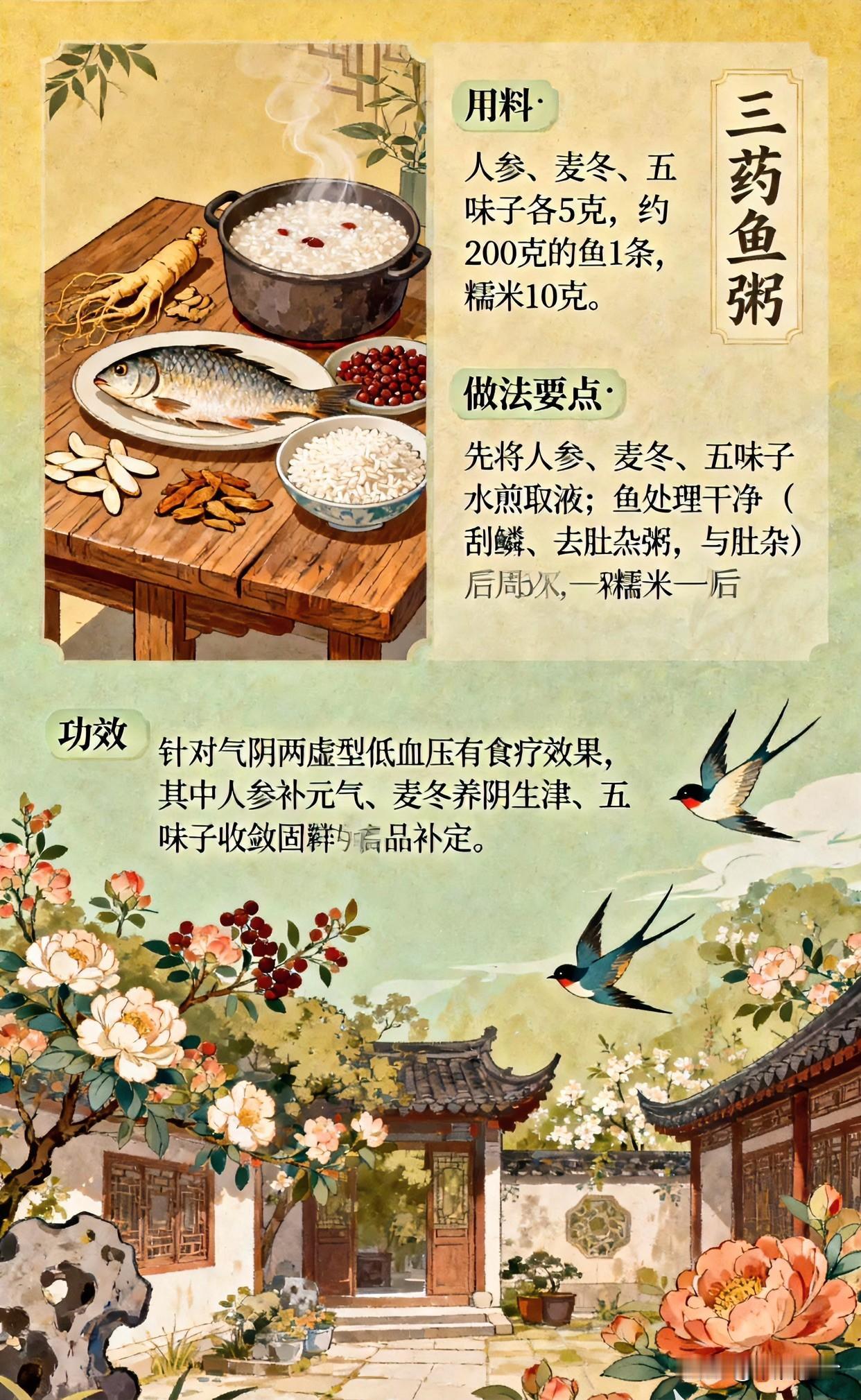 [笑]三药鱼粥食疗方妙招[笑]

1. 用料：人参、麦冬、五味子各5克约200克