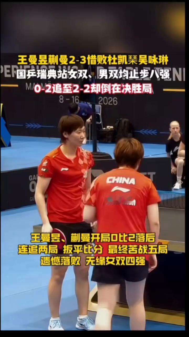 王曼昱蒯曼2-3惜败杜凯吴咏琳，国乒瑞典站女双、男双均止步八强，0-2追至2-2