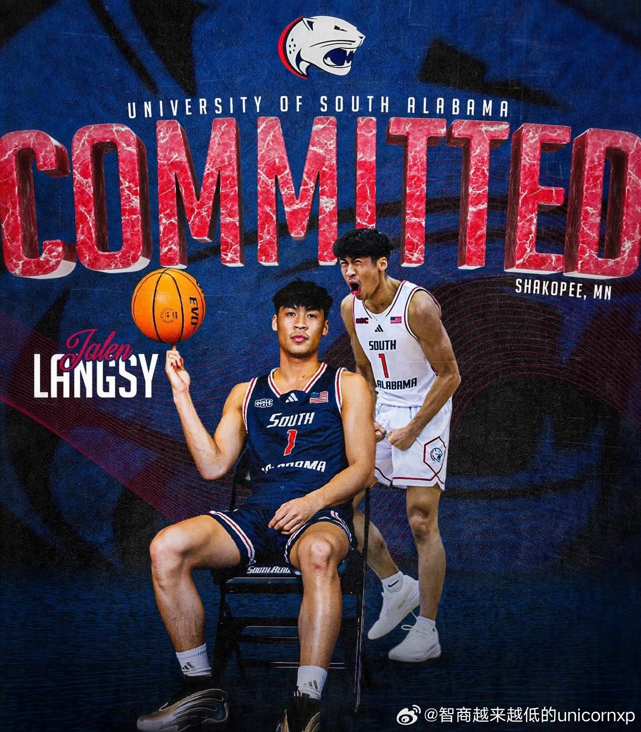 老挝🇱🇦裔后卫Jalen Langsy正式承诺NCAA一级南阿拉巴马大学，上
