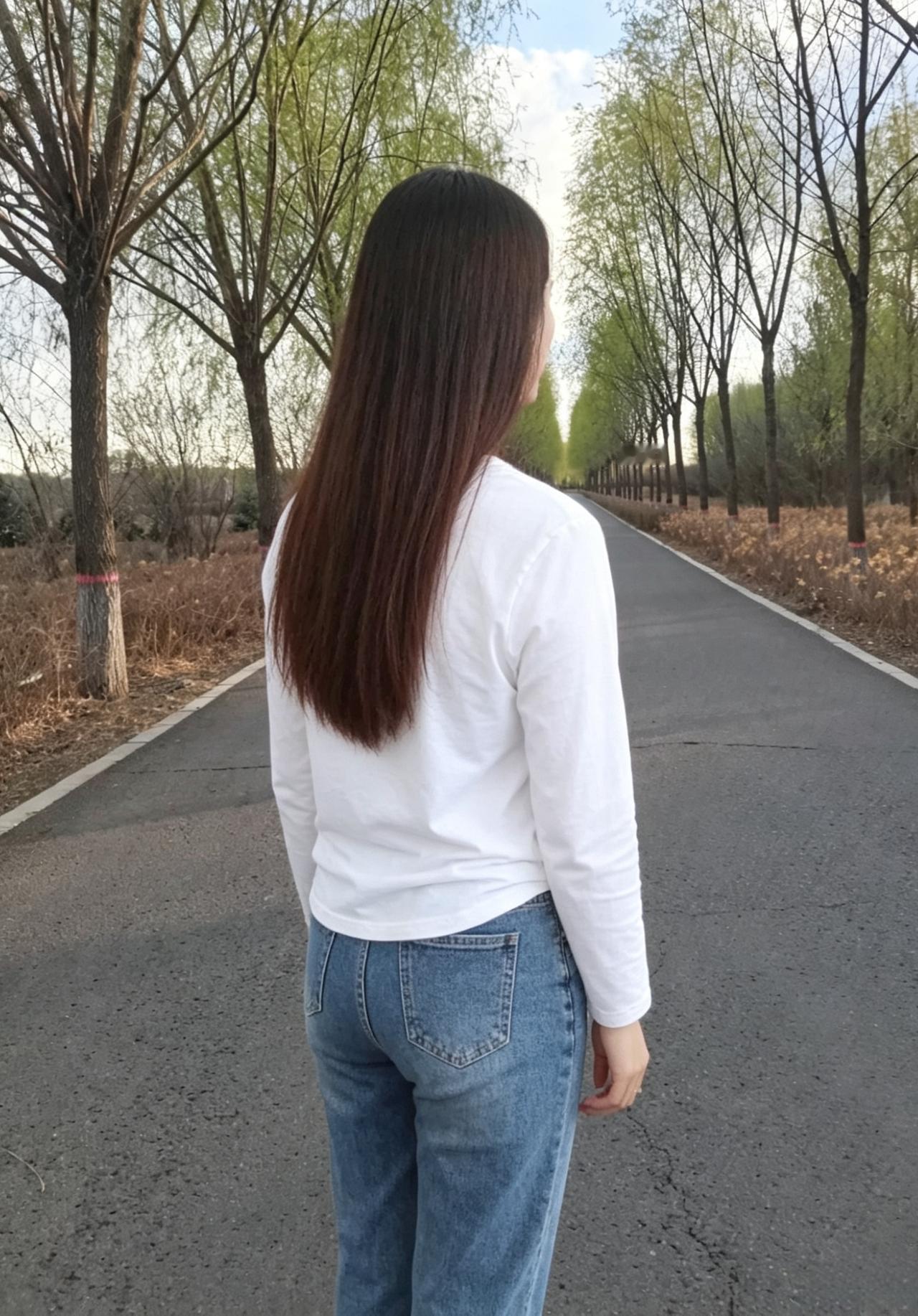 两行青树引长衢，缓步悠然背影殊。
满路春风随身后，一身清净踏平芜。