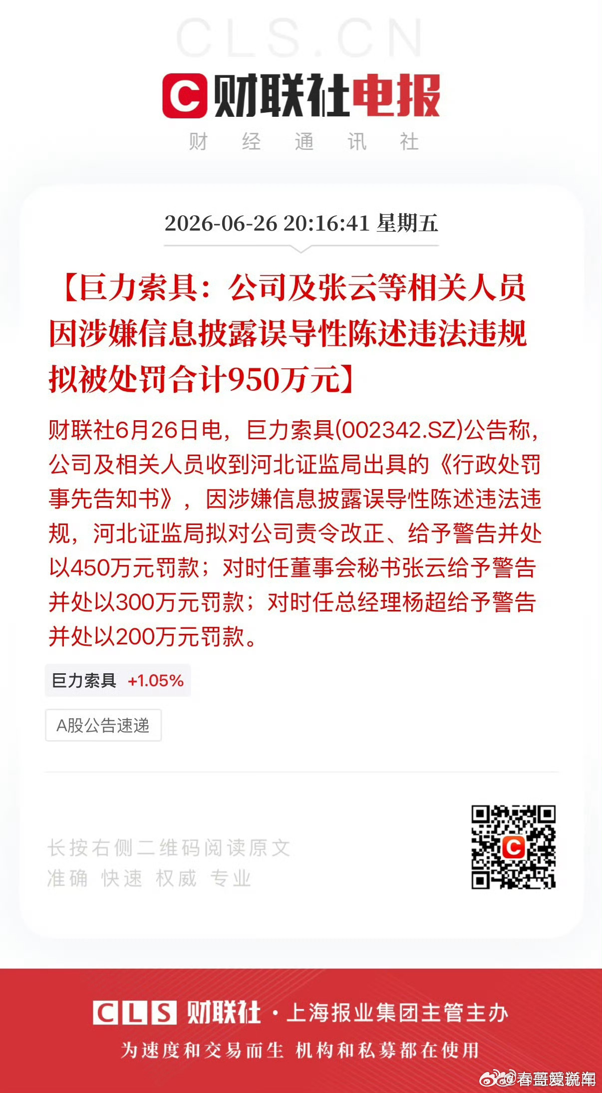巨力索具被罚巨力索具，不是黄圣依前夫杨子家族的产业吗？【巨力索具：公司及张云等相
