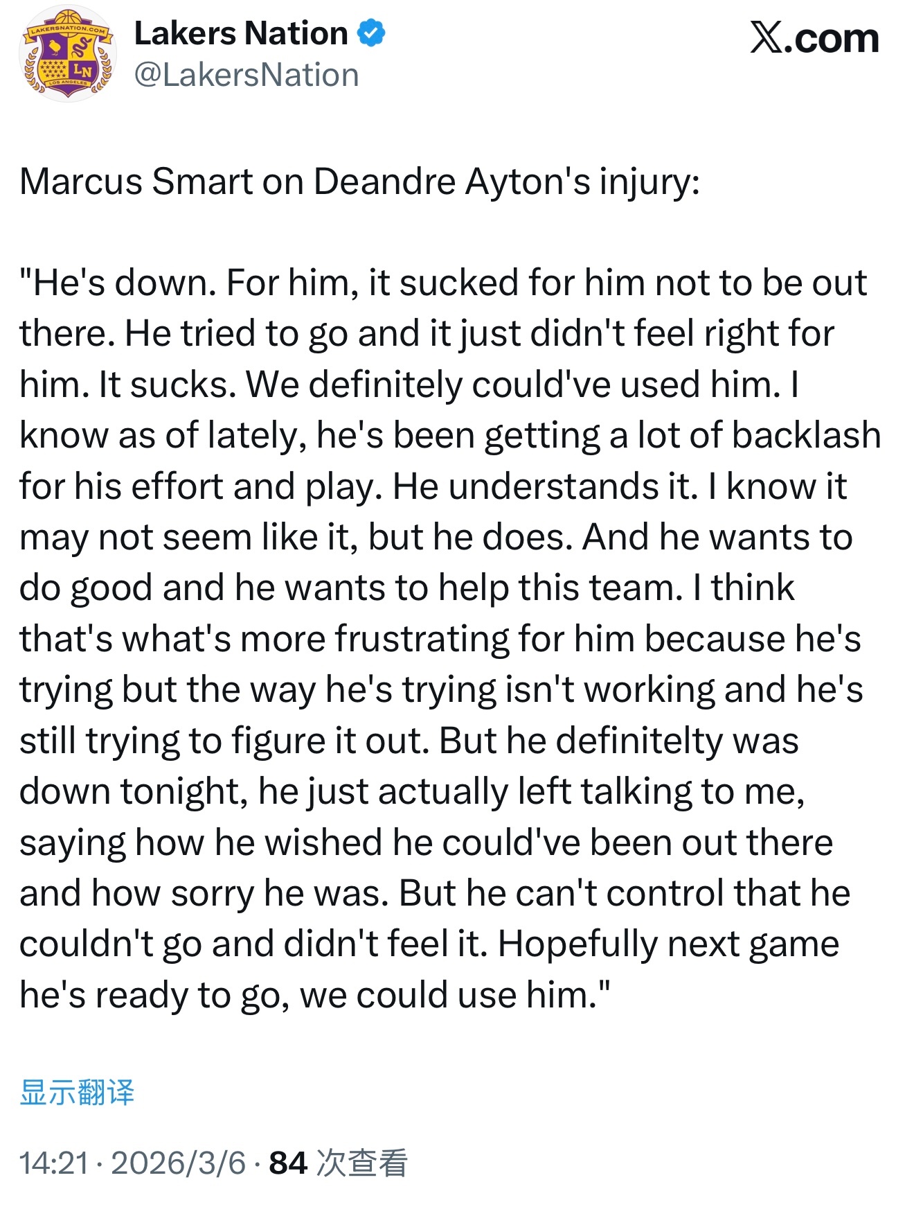 斯马特谈艾顿的伤情：“他情绪很低落。对他来说，无法上场实在太难受了。他尝试过坚持