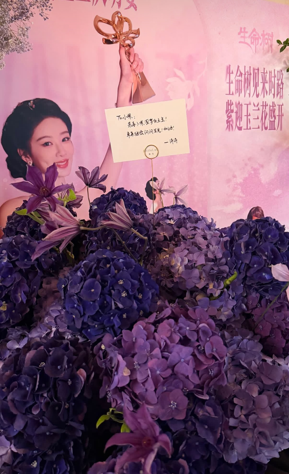还有一张庆功宴现场的图上面写着生命树见来时路 紫迎玉兰花盛开恭喜视后杨紫 